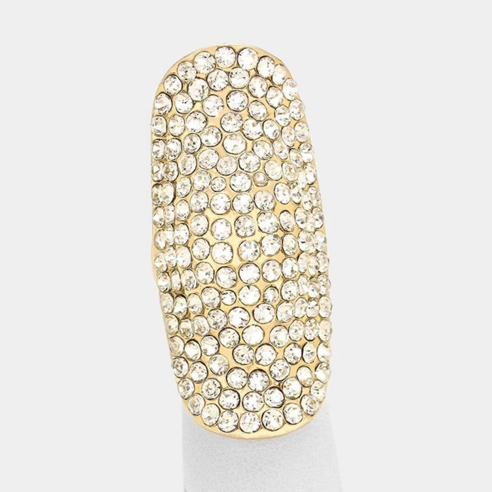 Gold Long Shield Rhinestone Crystal Shell Stretch Statement Ring Finger